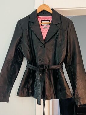 Wilsons Leather Black Leather Belted Jacket with Pink Liner
